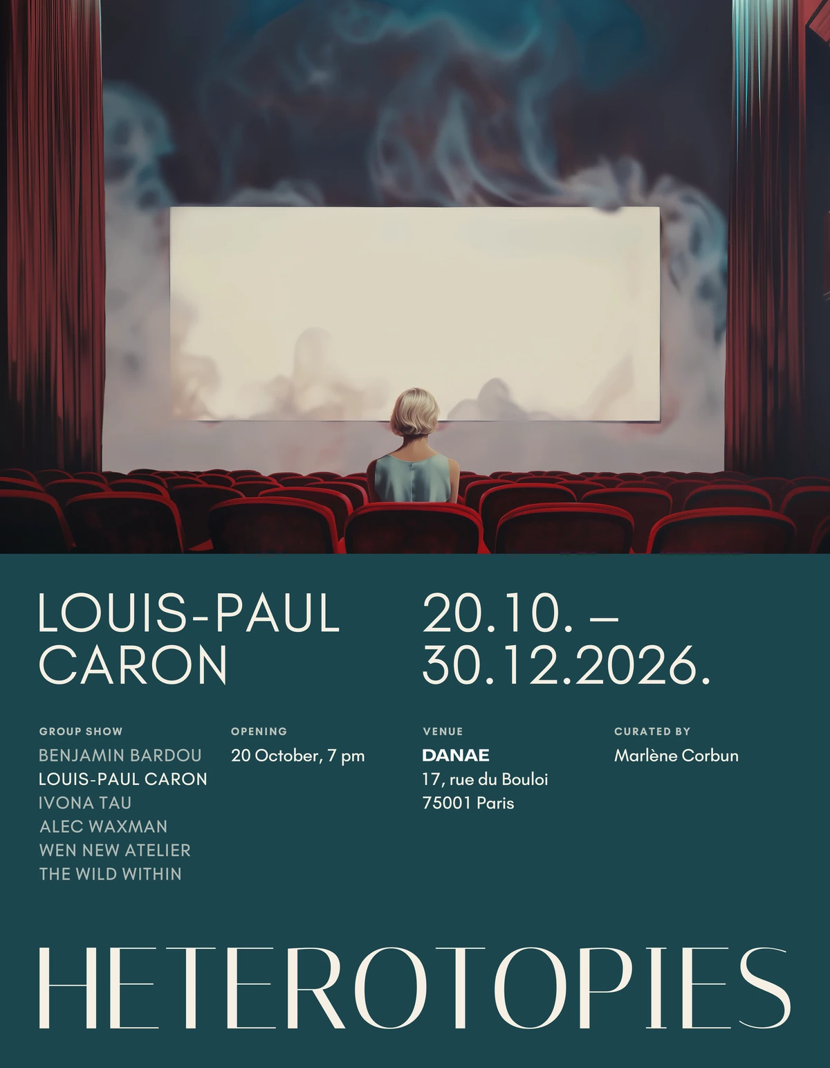 HETEROTOPIES exhibition poster featuring Louis-Paul Caron
