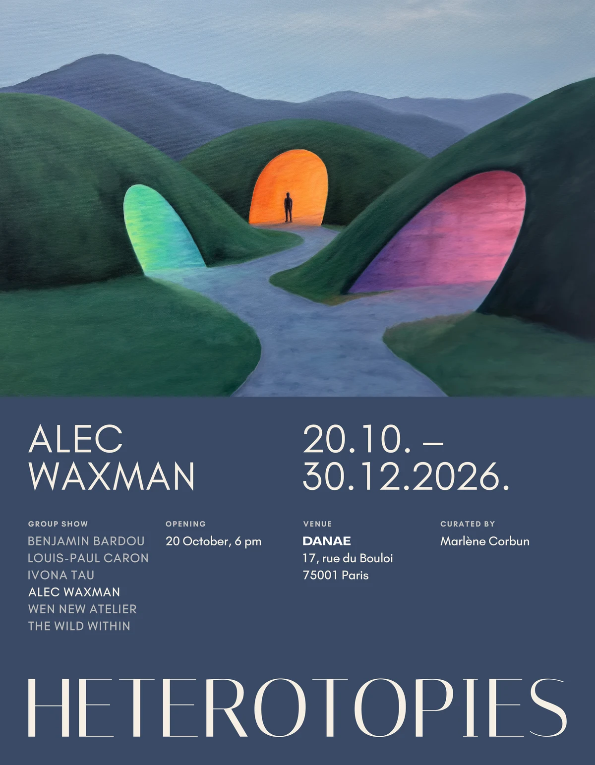 HETEROTOPIES exhibition poster featuring Alec Waxman